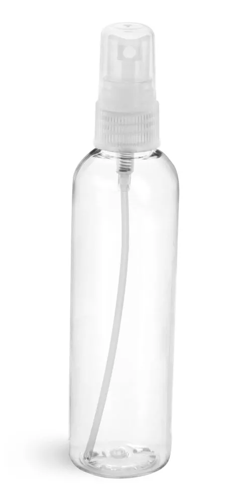 4 oz Clear PET Cosmo Round Bottles w/ Natural Fine Mist Sprayers