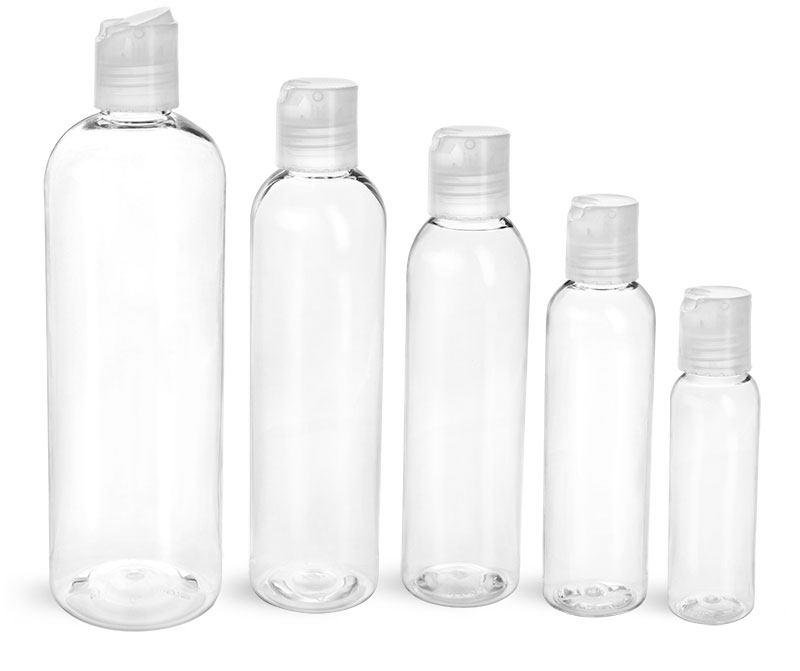 PET Plastic Bottles, Clear Cosmo Round Bottles w/ Natural Disc Top Caps