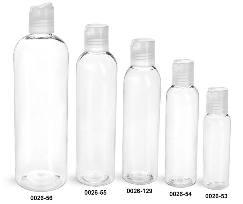 Plastic Bottles, Clear PET Cosmo Round Bottles w/ Natural Disc Top Caps