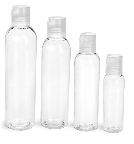 PET Plastic Bottles, Clear Cosmo Round Bottles w/ Natural Disc Top Caps