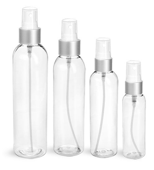 4 oz Clear PET Cosmo Round Bottles w/ White Sprayers w/ Brushed Aluminum Collars
