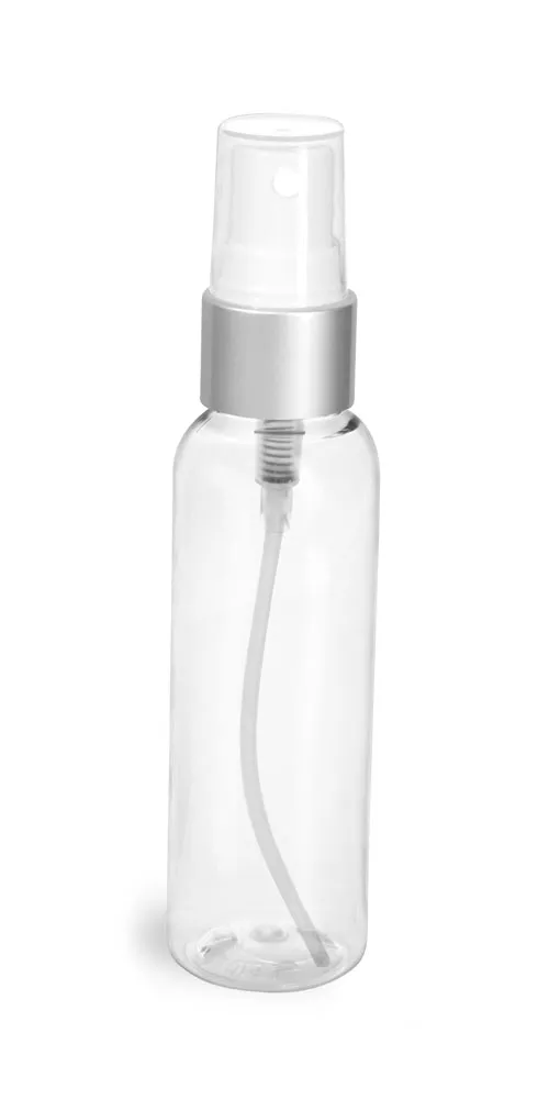 2 oz Clear PET Cosmo Round Bottles w/ White Sprayers w/ Brushed Aluminum Collars