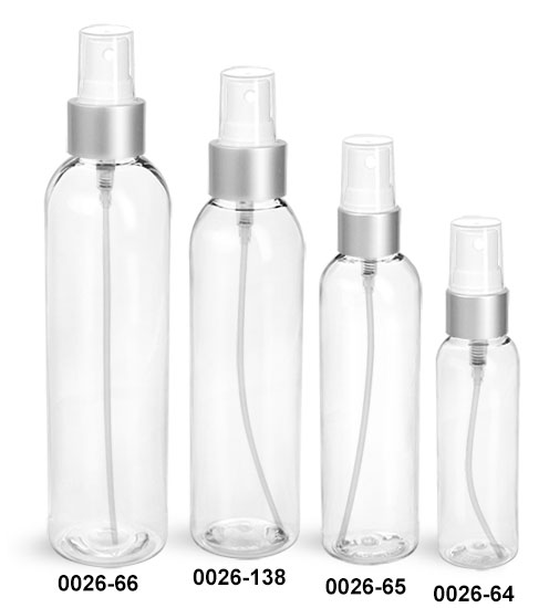 Plastic Bottles, Clear PET Cosmo Round Bottles w/ White Fine Mist Sprayers w/ Brushed Aluminum Collars
