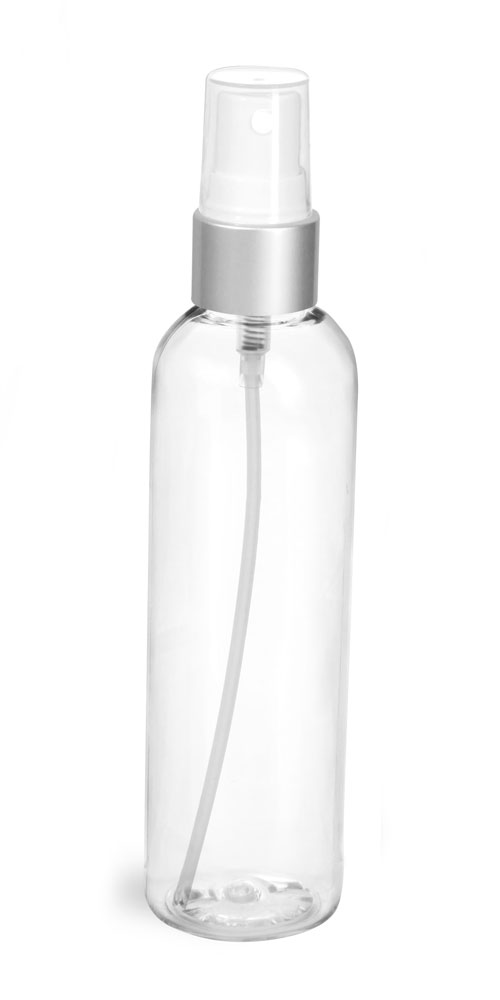 4 oz Clear PET Cosmo Round Bottles w/ White Sprayers w/ Brushed Aluminum Collars
