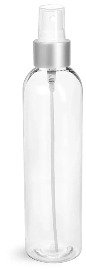 8 oz Clear PET Cosmo Round Bottles w/ White Sprayers w/ Brushed Aluminum Collars