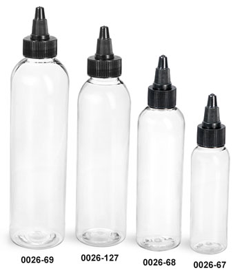 Plastic Bottles, Clear PET Cosmo Round Bottles w/ Black Twist Top Caps