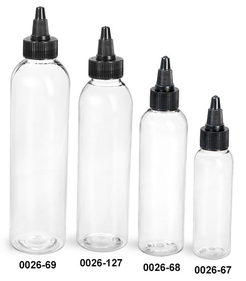 Plastic Bottles, Clear PET Cosmo Round Bottles w/ Black Twist Top Caps