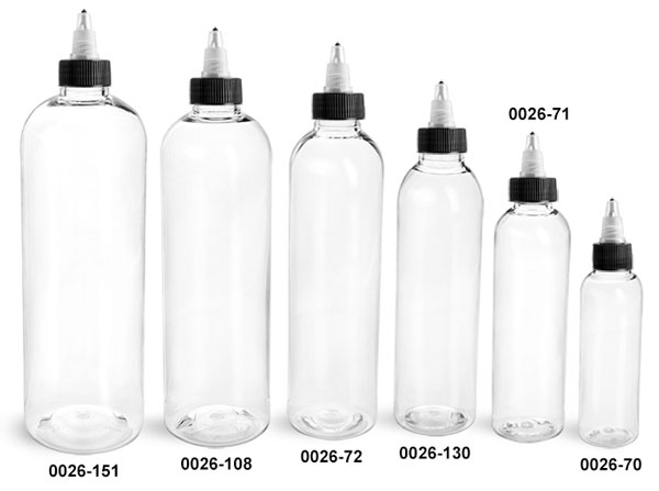 Plastic Bottles, Clear PET Cosmo Round Bottles w/ Black / Natural Twist Top Caps