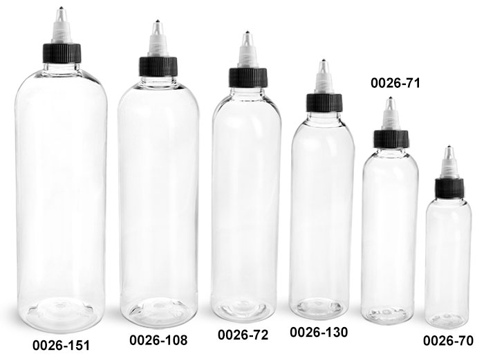 Plastic Bottles, Clear PET Cosmo Round Bottles w/ Black / Natural Twist Top Caps