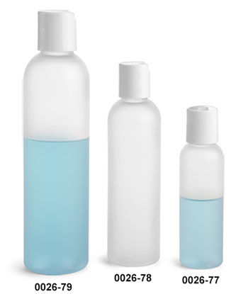 Plastic Bottles, Frosted PET Cosmo Round Bottles w/ White Smooth Disc Top Caps