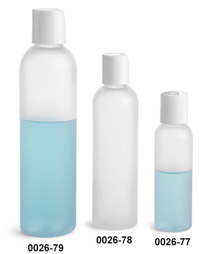 Plastic Bottles, Frosted PET Cosmo Round Bottles w/ White Smooth Disc Top Caps