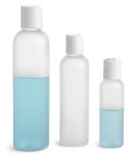 PET Plastic Bottles, Frosted Cosmo Round Bottles w/ White Smooth Disc Top Caps