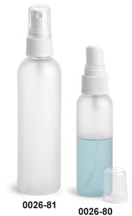 Plastic Bottles, Frosted PET Cosmo Round Bottles w/ White Fine Mist Sprayers