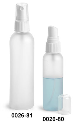 Plastic Bottles, Frosted PET Cosmo Round Bottles w/ White Fine Mist Sprayers