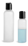PET Plastic Bottles, Frosted Cosmo Round Bottles w/ Black Disc Top Caps