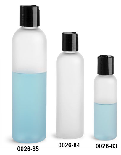 Plastic Bottles, Frosted PET Cosmo Round Bottles w/ Black Smooth Disc Top Caps