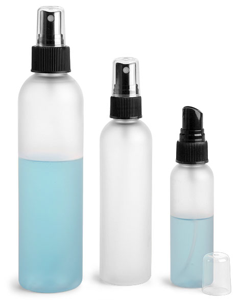 Frosted PET Cosmo Round Bottles w/ Black Fine Mist Sprayers