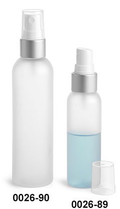 Plastic Bottles, Frosted PET Cosmo Round Bottles w/ White Fine Mist Sprayers W/ Brushed Aluminum Collars