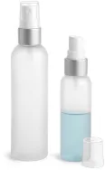 PET Frosted Cosmo Round Bottles w/ White Fine Mist Sprayers w/ Brushed Aluminum Collars 