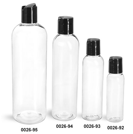 Plastic Bottles, Clear PET Cosmo Round Bottles w/ Black Induction Lined Disc Top Caps