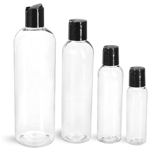 PET Plastic Bottles, Clear Cosmo Round Bottles w/ Black Induction Lined Disc Top Caps