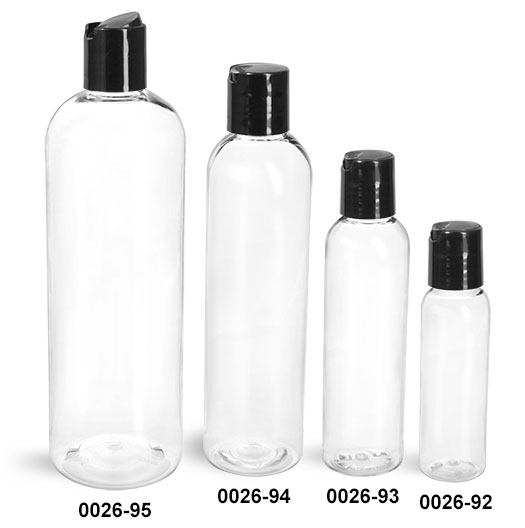 Plastic Bottles, Clear PET Cosmo Round Bottles w/ Black Induction Lined Disc Top Caps