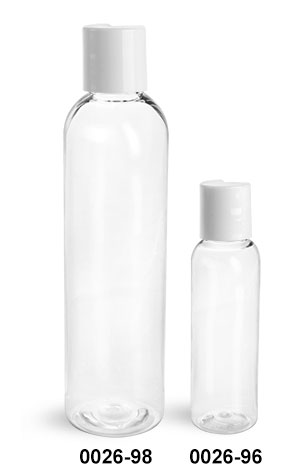 Plastic Bottles, Clear PET Cosmo Round Bottles w/ White Induction Lined Disc Top Caps