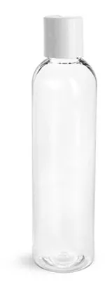 PET Plastic Bottles, Clear Cosmo Round Bottles w/ White Induction Lined Disc Top Caps