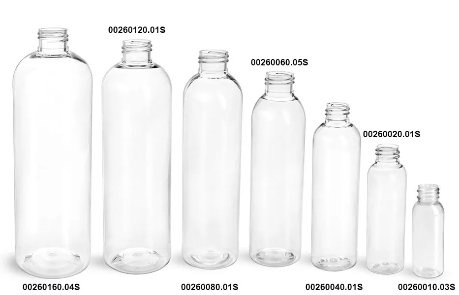Clear PET Cosmo Round Bottles w/ Black Induction Lined Disc Top Caps