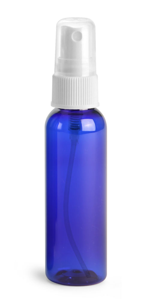 2 oz Blue PET Cosmo Round Bottles w/ White Fine Mist Sprayers