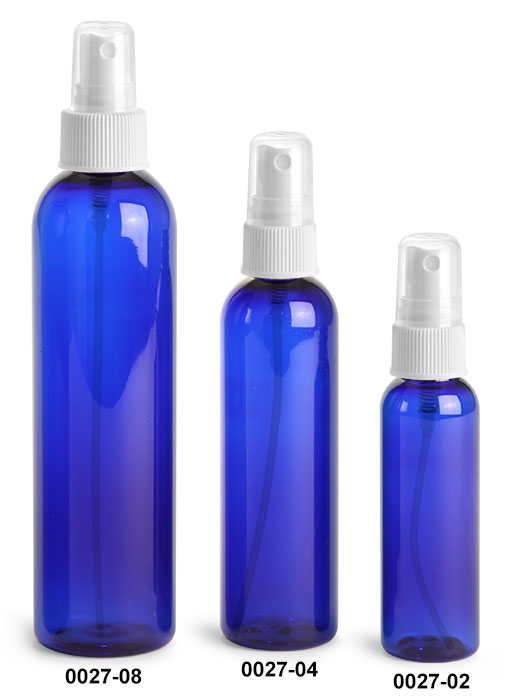 Plastic Bottles, Blue PET Cosmo Round Bottles With White Ribbed Fine Mist Sprayers