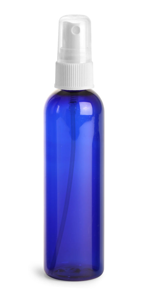 4 oz Blue PET Cosmo Round Bottles w/ White Fine Mist Sprayers
