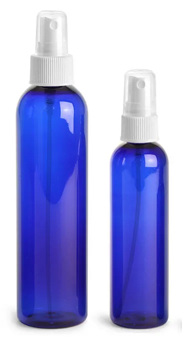 Plastic Bottles, Blue PET Cosmo Round Bottles w/ White Ribbed Fine Mist Sprayers