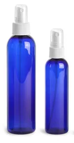 Plastic Bottles, Blue PET Cosmo Round Bottles w/ White Ribbed Fine Mist Sprayers