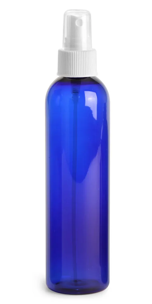 8 oz Blue PET Cosmo Round Bottles w/ White Fine Mist Sprayers