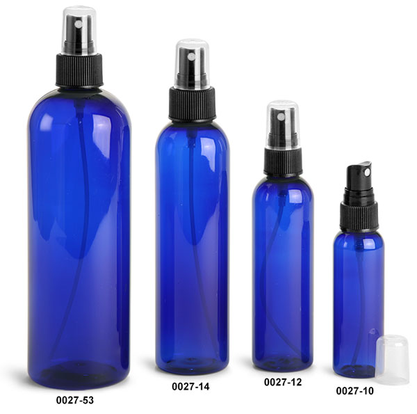 Plastic Bottles, Blue PET Cosmo Round Bottles With Black Ribbed Fine Mist Sprayers