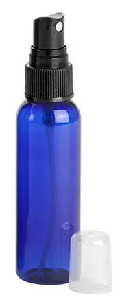2 oz Blue PET Cosmo Round Bottles w/ Black Fine Mist Sprayers
