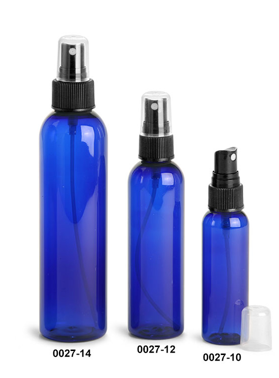 Plastic Bottles, Blue PET Cosmo Round Bottles With Black Ribbed Fine Mist Sprayers