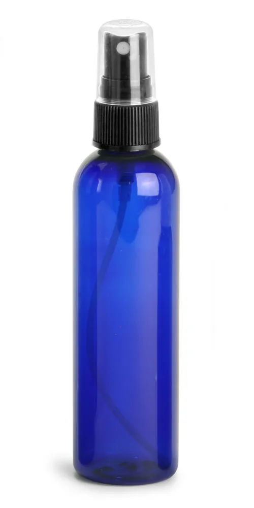 4 oz Blue PET Cosmo Round Bottles w/ Black Fine Mist Sprayers