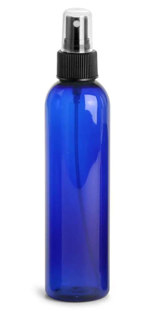 8 oz Blue PET Cosmo Round Bottles w/ Black Fine Mist Sprayers