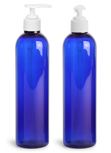Plastic Bottles, Blue PET Cosmo Round Bottles With White Lotion Pumps