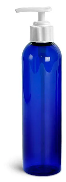 8 oz Blue PET Cosmo Round Bottles w/ Lotion Pumps