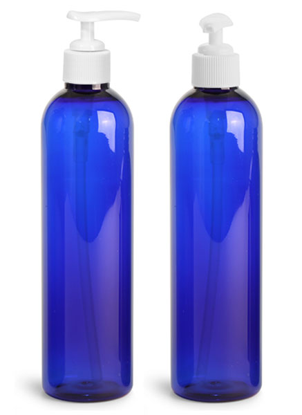 Plastic Bottles, Blue PET Cosmo Round Bottles With White Lotion Pumps