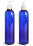 Plastic Bottles, Blue PET Cosmo Round Bottles w/ Lotion Pumps