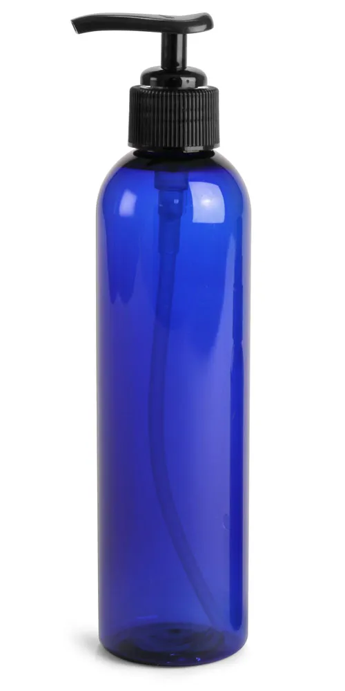 8 oz Blue PET Cosmo Round Bottles w/ Lotion Pumps