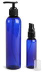 Plastic Bottles, Blue PET Cosmo Round Bottles w/ Lotion Pumps & Treatment Pumps