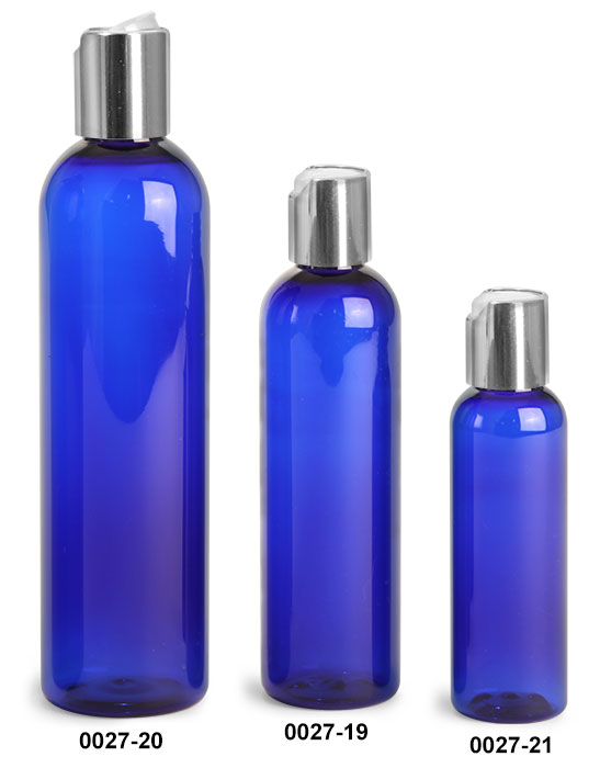 Plastic Bottles, Blue PET Cosmo Rounds with Silver Disc Top Caps