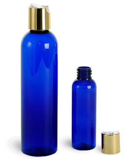 Blue PET Cosmo Round Bottles with Gold Disc Top Caps