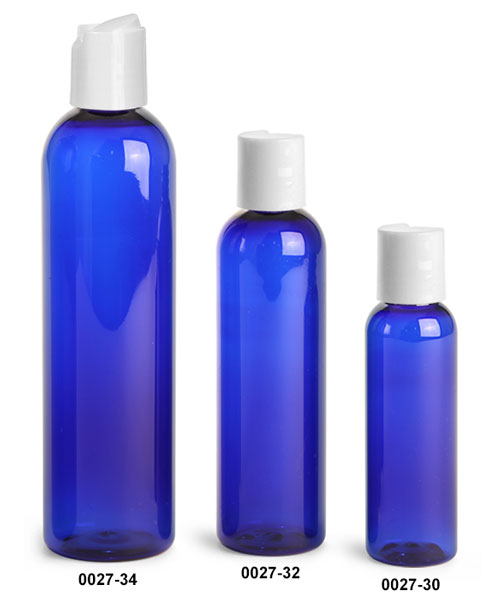 Plastic Bottles, Blue PET Cosmo Rounds with White Smooth Disc Top Caps