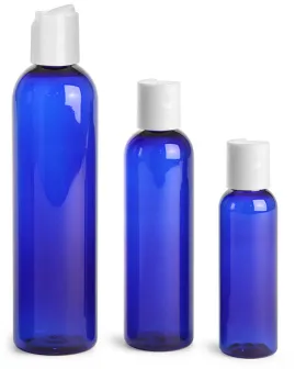 Blue PET Cosmo Round Bottles w/ Smooth White Disc Top Caps